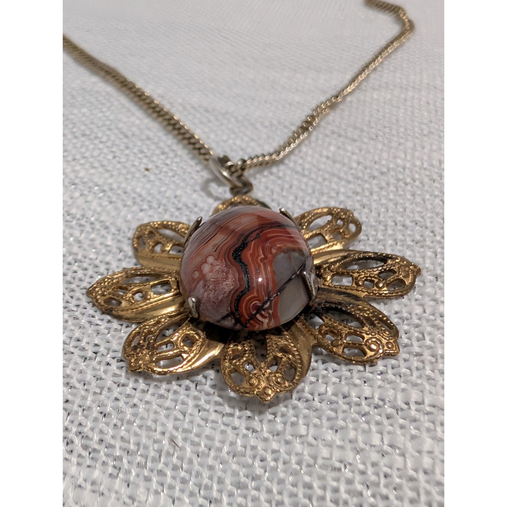Vintage‎ Crazy Lace Agate Pendant Necklace Gold Tone Filigree Flower Natural...